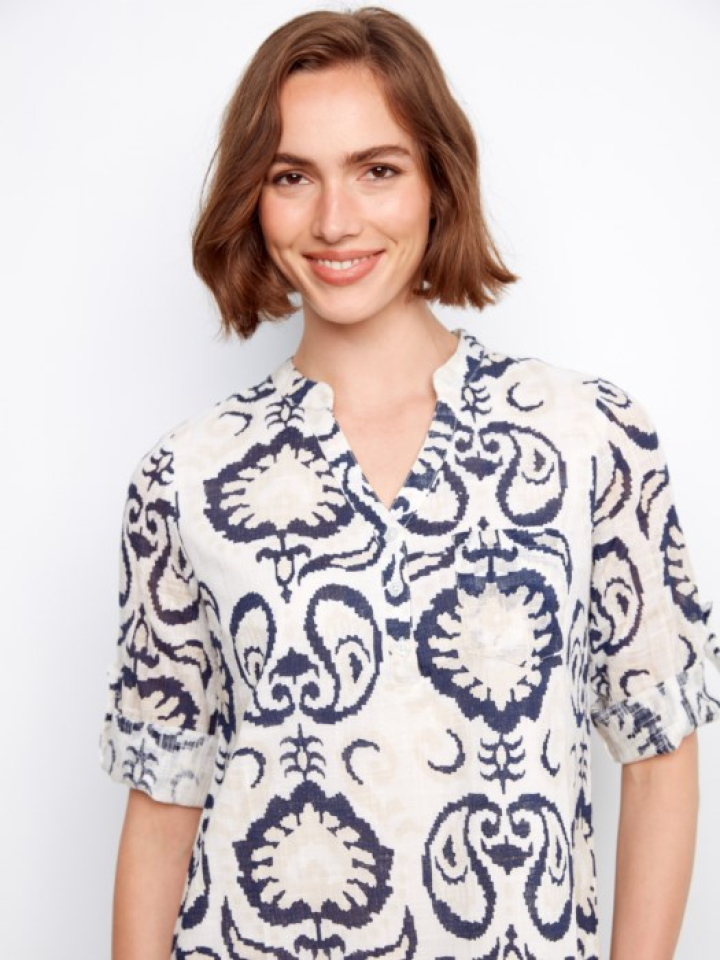 Robe-chemise Henley imprimée en coton mélangé – CHARLIE B Robe-chemise Henley imprimée en coton mélangé – CHARLIE B