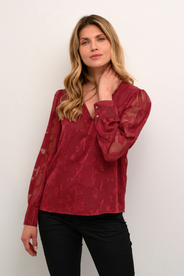 Blouse Tulla rouge à manche longue et fleuris - KAFFE - 10508023 - KAFFE