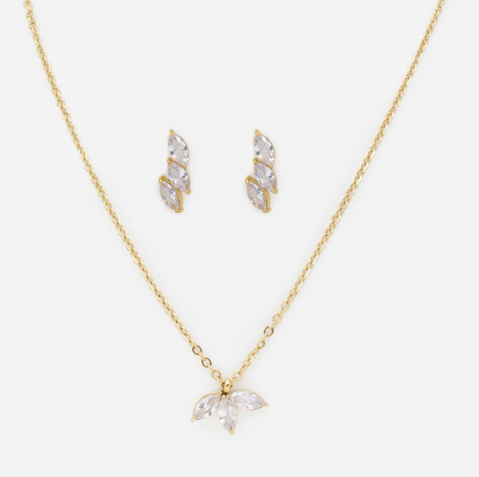 Collier et b. o. dorés trio de feuilles en acier inoxydable - BIZOU - ss234k017gl - Boutique