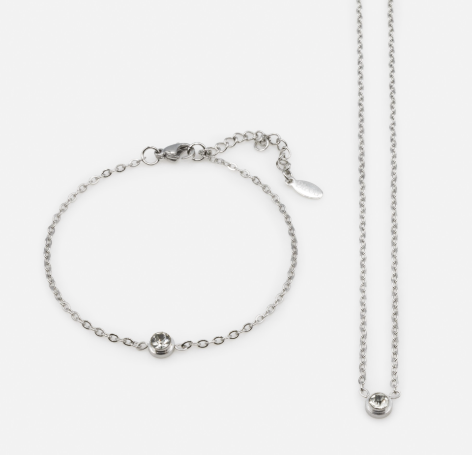 Collier et bracelet argentés avec zircon en acier inoxydable - BIZOU - ss234k021 - Bizou