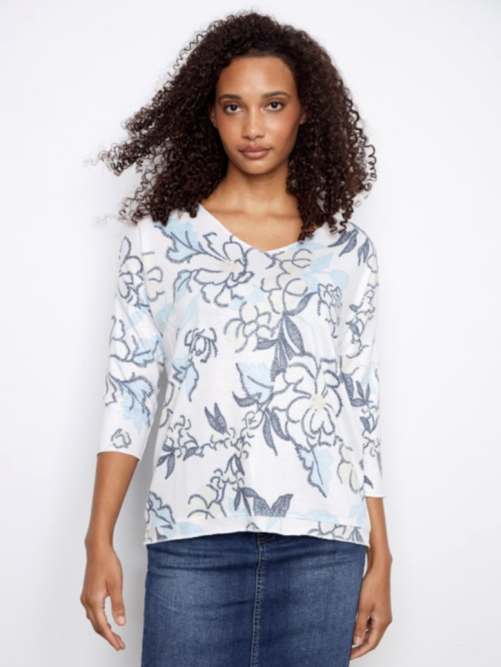 Haut imprimé à encolure V et manches 3/4 - CHARLIE B - C1264DPK - Charlie B