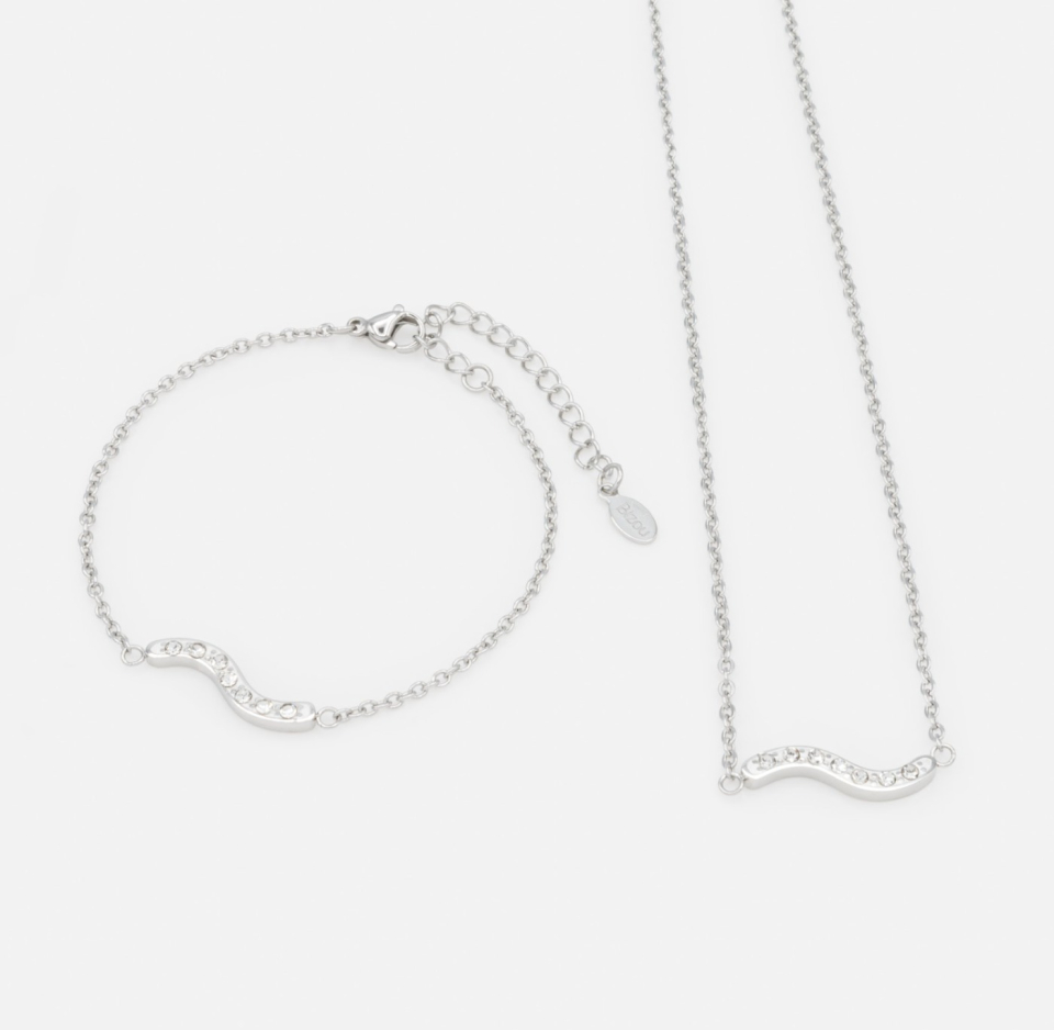 Collier et bracelet argentés vague de zircons cubiques en acier inoxydable- BIZOU