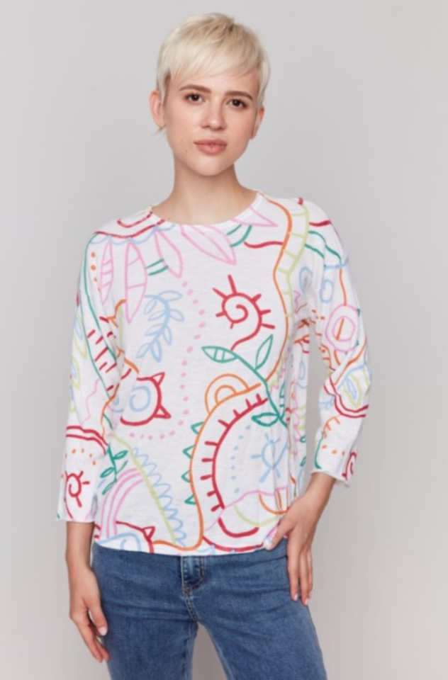 Pull imprimé à col rond manches 3/4 - CHARLIE B - c2639 - Charlie B